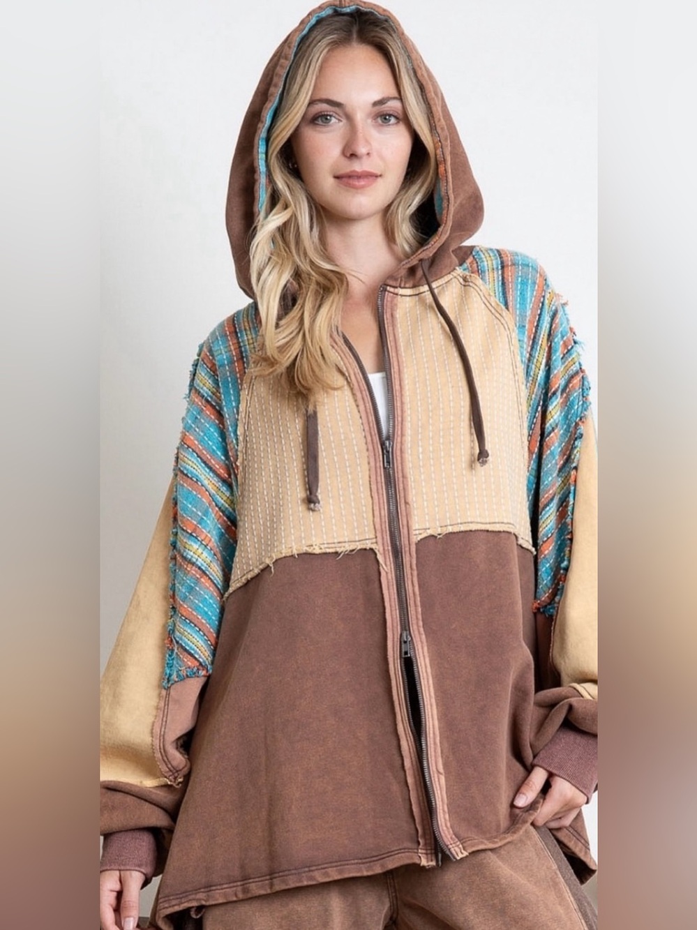 NWT BlueVelvet Boho Patchwork Hooded Zip Jacket size Small